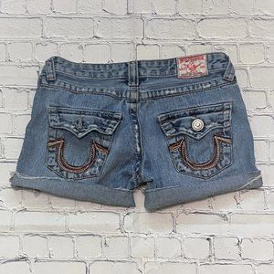 True Religion Cut Off Logo Pocket Denim Shorts Sz 28